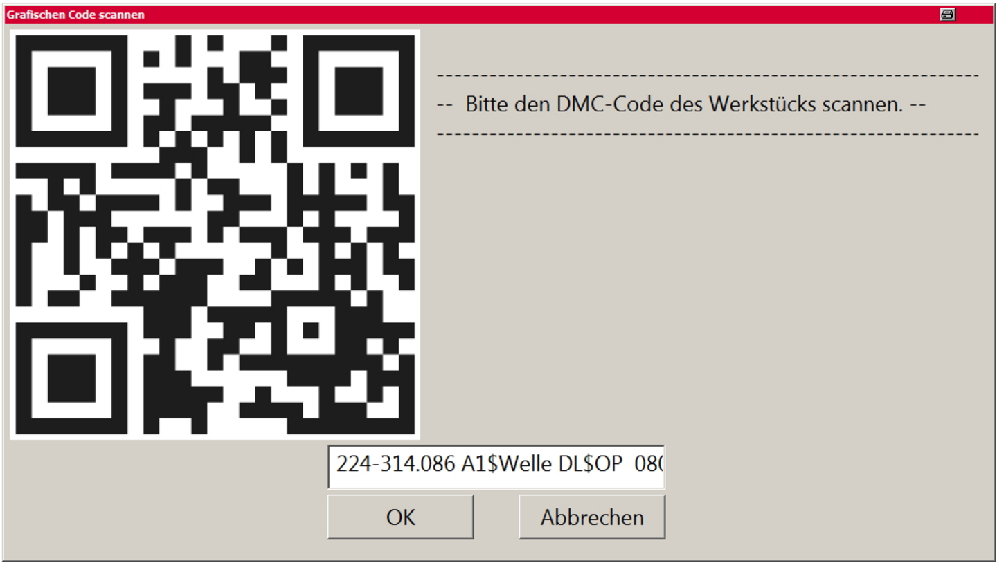 Einlesen des DM-Codes des Prüfernamens sowie des Werkstücks